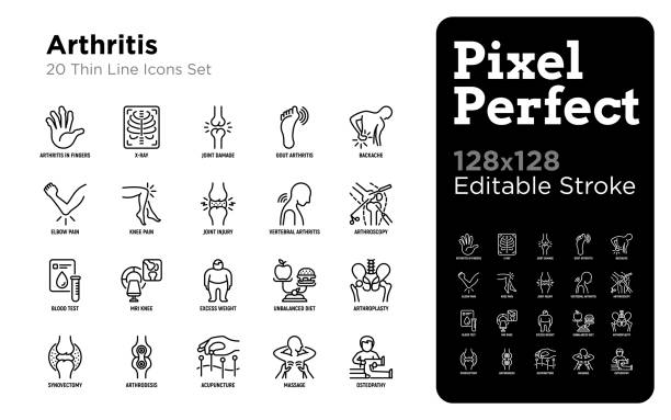 관절염 얇은 선 아이콘 세트 : 관절 손상, 통풍 관절염, 요통, 팔꿈치 통증, 관절 경 검사, 혈액 검사, mri 무릎, 과체중, 관절 성형술, 활막 절제술. 벡터 그림, 편집 가능한 획. - orthopedic equipment osteoporosis x ray human spine stock illustrations