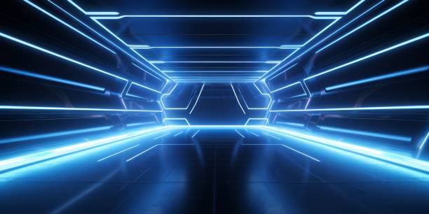 istock Neon Laser Blue White Led Lights Sci Fi Futuristic Modern Spaceship Dark Tunnel Corridor Hangar Garage Metal Glossy Showroom Empty Stage 3D Rendering Illustration 1678581973