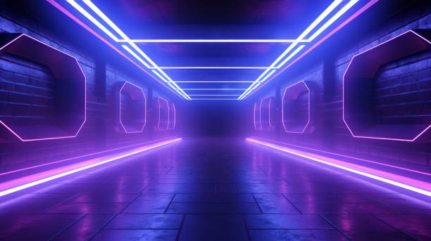 istock Neon Blue Purple Red Alien Spaceship Sci Fi Concrete Rough Cement Garage Tunnel Corridor Warehouse Exhibition Hall Underground Futuristic Modern Background 3D Rendering Illustration 1678582036