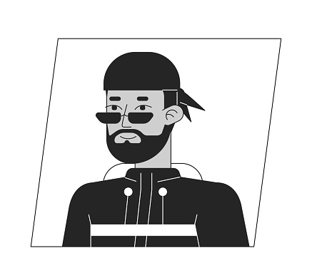 Muslim hipster in glasses black white cartoon avatar icon. Stylish man. Editable 2D character user portrait, linear flat illustration. Vector face profile. Outline person head and shoulders