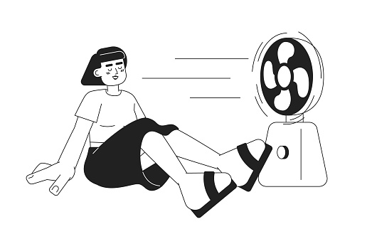 Hot summer fan monochrome vector spot illustration. Asian young woman sitting in front of fan 2D flat bw cartoon character for web UI design. Ventilator woman isolated editable hand drawn hero image