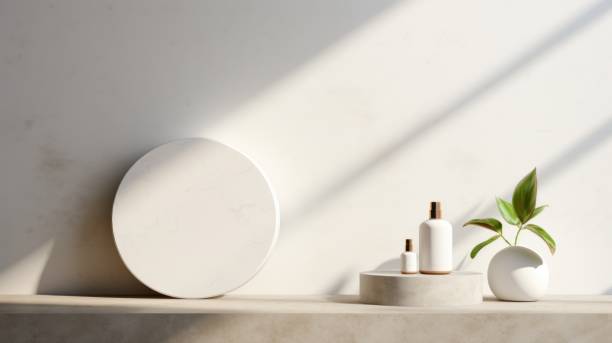 istock Stones Podium for presentation of packaging and cosmetics, shadow on the wall. White concrete texture product display, natural beauty pedestal in sun visor. realistic rendering. 3d illustration 1678599372