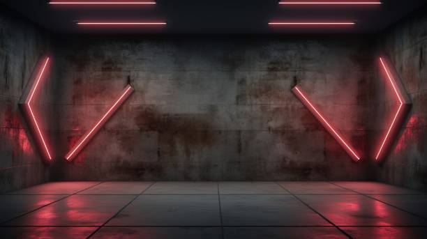 istock Empty Illuminated Dark Grunge Concrete Room with Neon Lights Pointing Arrows in the Middle. 3D visualization 1678619902