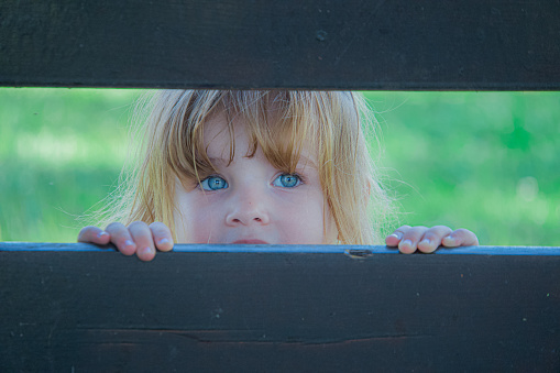 Little blue eyed girl peeking through two wooden boards in a play