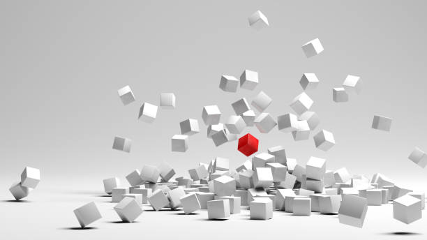 Falling white cubes with red one in the middle. Abstract 3D background. 3D render. White background.