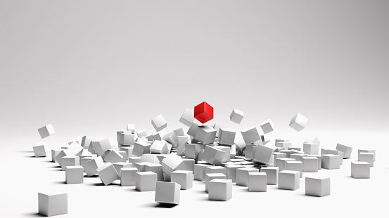 Falling white cubes with red one in the middle. Abstract 3D background. 3D render. White background.