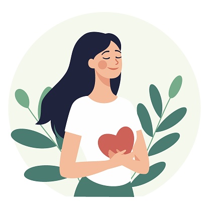 Vector flat illustration. Peaceful girl holding a core in her hands, happy girl loves herself. Concept of psychology, mental health and self love