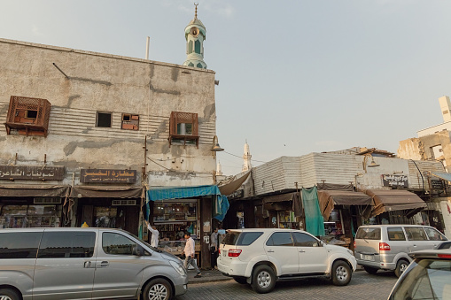 Old souk market street with traditional arabic goods in historical town of Jeddah Al Balad Saudi Arabia