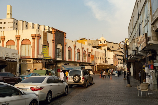 Old souk market street with traditional arabic goods in historical town of Jeddah Al Balad Saudi Arabia