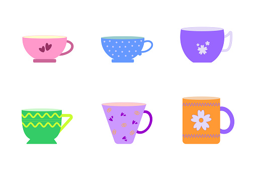 set of cups, tea ware design in a flat vector style. Clipart