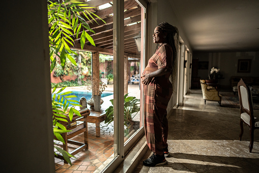 Contemplative pregnant woman looking through the window at home