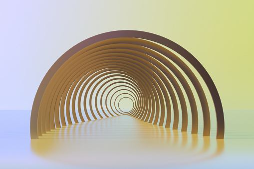 Metaverse technology abstract background, tunnel, corridor, gate. Digitally generated image.