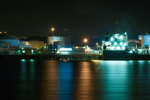 Gothenburg, Sweden - January 31 2012: Night photo of an oil refinery.