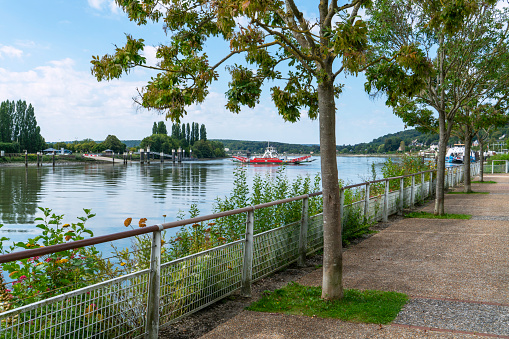 The car ferry crossing the river Seine to the town of Duclair in France