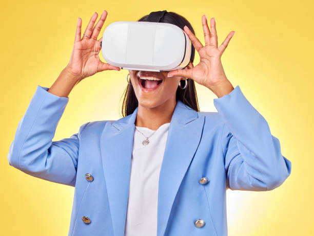 istock Business woman, virtual reality vision and studio with hands, smile and 3d user experience by yellow background. Futuristic tech entrepreneur, ar glasses and excited for metaverse, cyber ui or system 1678794480