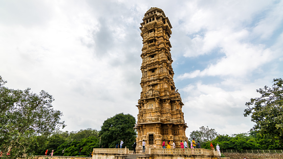 Chittorgarh, Rajasthan - 12 Sept 2023 - Vijay Stambh also called Tower of Victory is a well-known attraction located at Chittorgarh Fort.