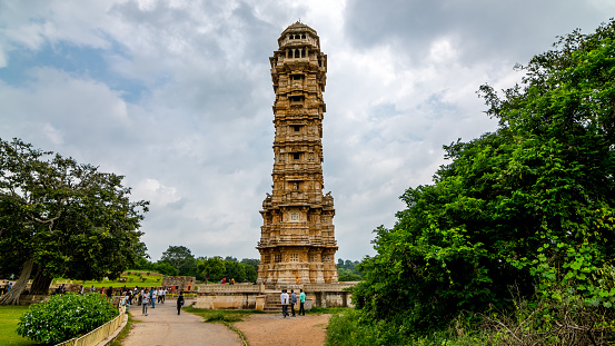 Chittorgarh, Rajasthan - 12 Sept 2023 - Vijay Stambh also called Tower of Victory is a well-known attraction located at Chittorgarh Fort.