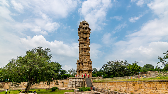 Chittorgarh, Rajasthan - 12 Sept 2023 - Vijay Stambh also called Tower of Victory is a well-known attraction located at Chittorgarh Fort.