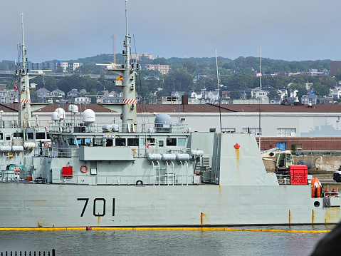 Halifax, NS, CAN, 8.13.2023 - A military vessel docked at a wharf in down town Halifax, Nova Scotia.