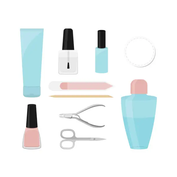 Vector illustration of Manicure tools set. Home nail care concept flat vector illustration