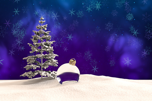 Christmas tree and transparent glass Christmas ball in snow on purple background. Digitally generated image.