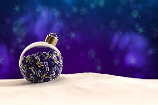 Transparent glass Christmas ball in snow on purple background. Digitally generated image.