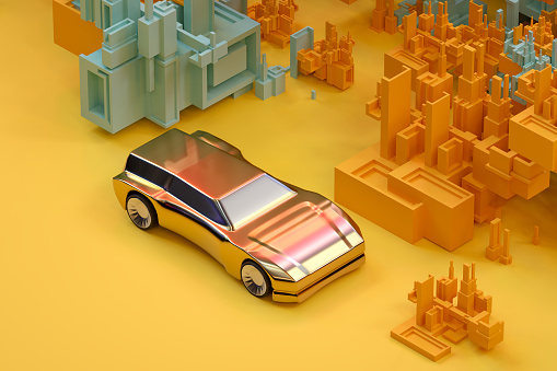 Futuristic car in smart city, Digitally generated image.