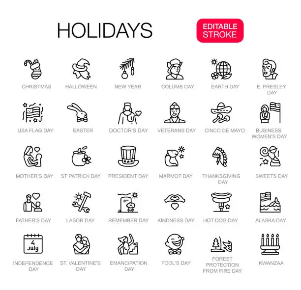 Vector illustration of 30 Calendar Holidays Line Icons Set, Editable Stroke