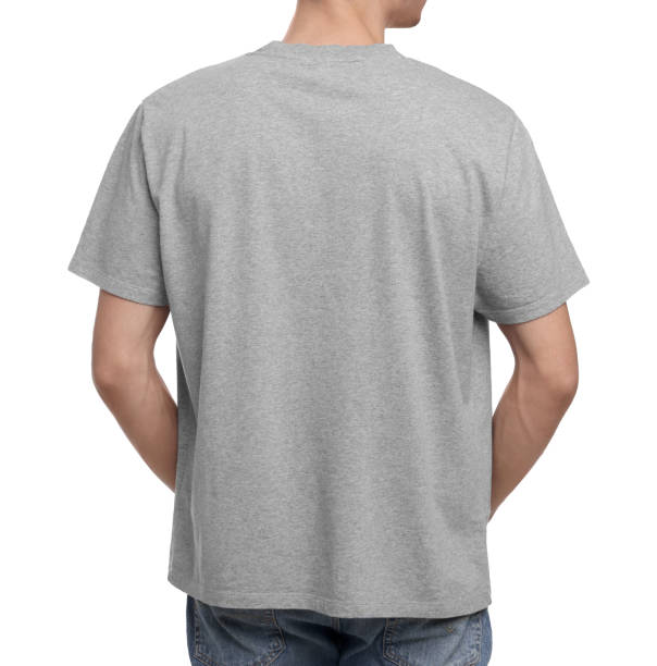 istock Young man wearing grey t-shirt on white background, back view 1678873298