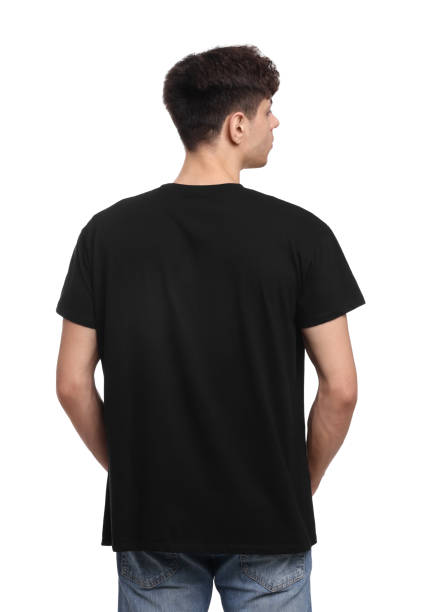 istock Young man wearing black t-shirt on white background, back view 1678873476