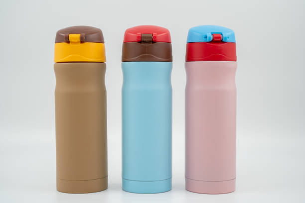 Thermos water bottles in different colors.