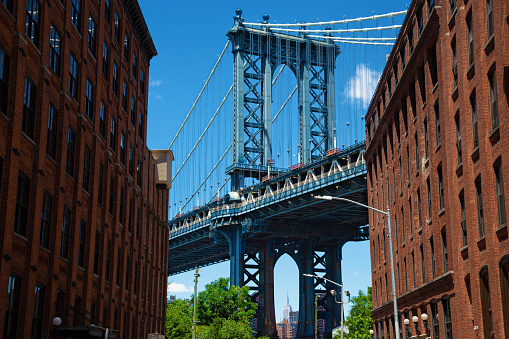 Manhattan Bridge Framed by Buildings of Washington Street in DUMBO Neighborhood of Brooklyn, New York, USA. Empire State Building is in background.  Canon EOS 6D (full Frame Sensor) Camera and Canon EF 24-105mm F/4L IS Lens.