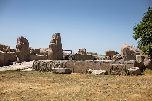 Ancient gate entrance with sphinx from the Hittite period in Alacahoyuk. Corum, Turkey.