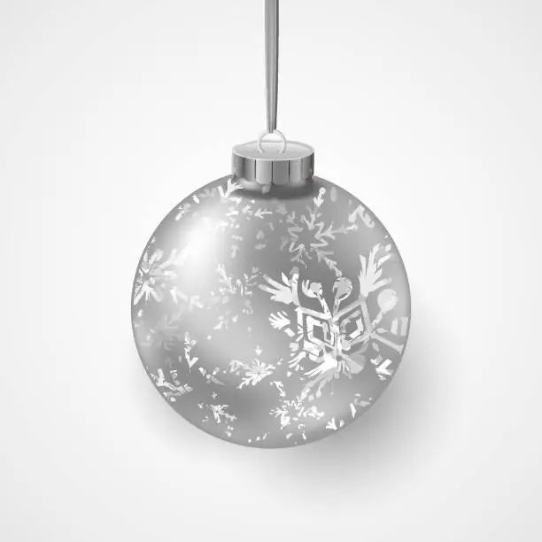 Vector illustration of Silver Christmas ball with abstract snowflakes pattern and gray ribbon. Christmas card design for flyer, poster, design, banner, web. Vector illustration. Black background.