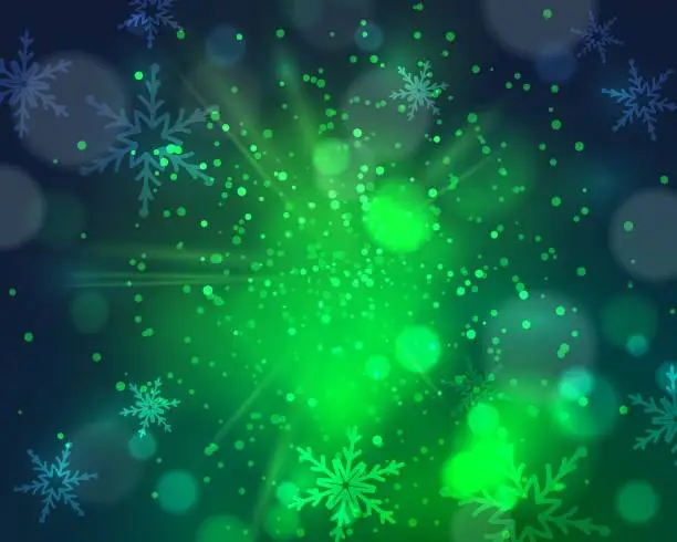 Vector illustration of Green, blue dust vector firework explosion with snowflakes and bokeh. Abstract Holiday Light Rays. Christmas design, decor, background. Vector illustration.