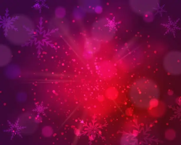 Vector illustration of Red, purple dust vector firework explosion with snowflakes and bokeh. Abstract Holiday Light Rays. Christmas design, decor, background. Vector illustration.