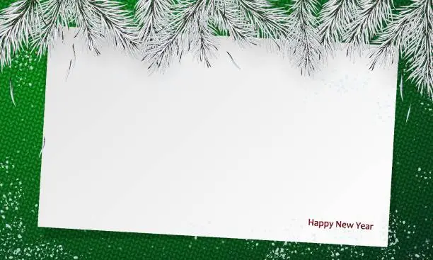 Vector illustration of Happy New Year poster. Banner with snow and silver branches of christmas tree with paper. Christmas design, decor. Green knitted background. Vector illustration. Space for text.