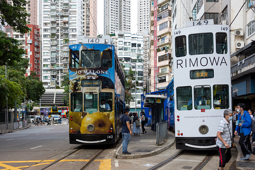 Hong Kong - September 13, 2023 : Happy Valley Tram Terminus in Hong Kong Island, Hong Kong. It provide services to Kennedy Town, Western Market, North Point, Whitty Street, Causeway Bay and Shau Kei Wan.