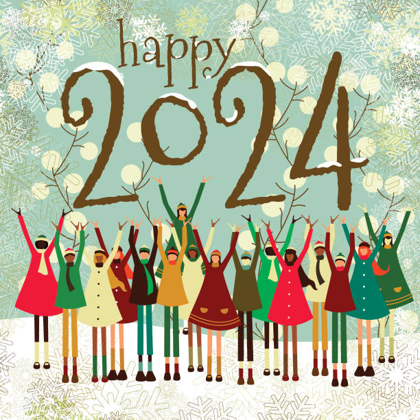 Happy New Year children greeting card vintage style Happy 2024 greeting card in vintage style. Elements distributed in different layers for easy edition. new years eve stock illustrations