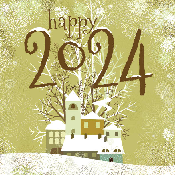 Happy New Year village greeting card vintage style vector art illustration
