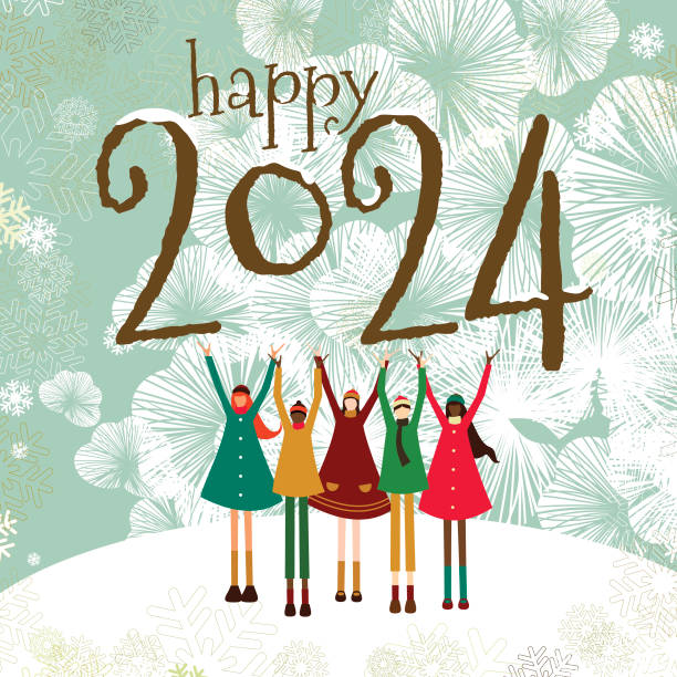 Happy New Year children greeting card vintage style vector art illustration