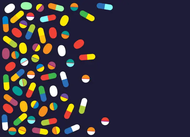 Vector illustration of Pills and capsules. Scattered pills. Minimal medical concept. Pharmaceutical. Many colorful medicines. Drug or medicine. Set, collection of cute colorful pills, medications