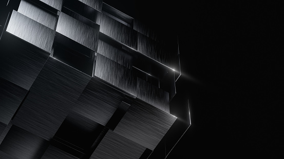 Abstract 3D cube formation on black background. Shiny stainless steel material. Representation of modern and future technologies with space for text