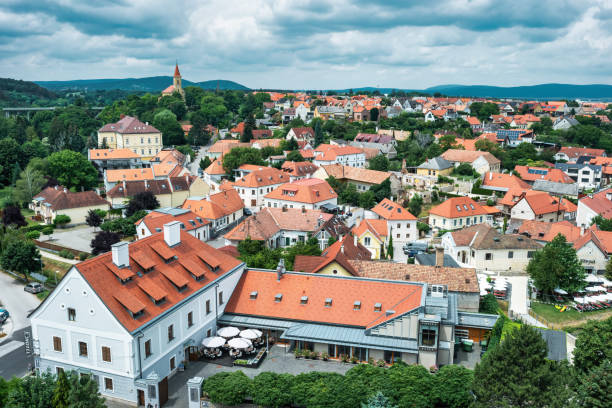 Cityscape of downtown Veszprem, Hungary on a cloudy day.
