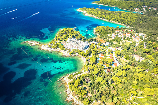 Island of Rab idyllic turquoise coastline in Kampor aerial view, Adriatic archipelago of Croatia