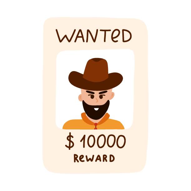 ilustrações de stock, clip art, desenhos animados e ícones de hand drawn wanted poster with cowboy clipart. simple colorful doodle with vintage western banner with reward. criminal or outlaw wanted dead or alive poster. sign of wild west, america texas, cowboy - wanted poster poster old wild west