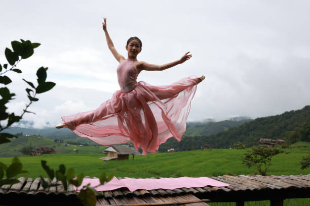 profitez du ballet de danse des filles au champ de rizières en terrasses vertes du village de mae-jam, chiangmai - rural scene little girls child one little girl photos et images de collection