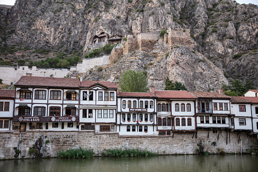 Amasya is a city in northern Turkey . Amasya it is located inside the Black Sea Region.City is known as Ottoman's prince city. Amasya landscape beautiful river with clouds Clock Tow