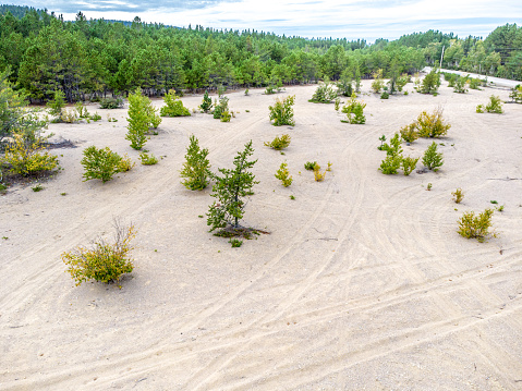 Aerial view of sand dunes in Tadoussac, Quebec, Canada,  during summer day.