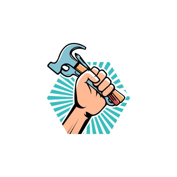 illustrations, cliparts, dessins animés et icônes de outils de tenue de main vectorielle pour la construction modèle de conception de symbole de logo vecteur de style plat - fist hammer human hand craftsperson